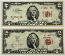 1963 $2 United States Note (Red Seal) – Consecutive Serial Numbers | Historic Legal Tender Currency