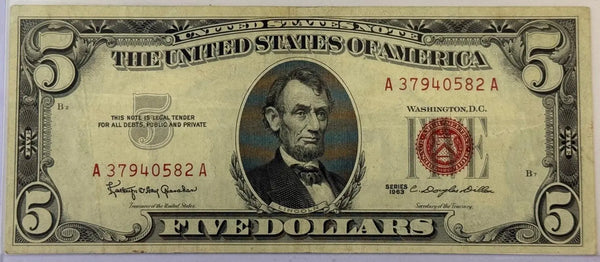 1963 $5 United States Note – Red Seal – Granahan/Dillon Signatures – Vintage Legal Tender Heritage Pastime