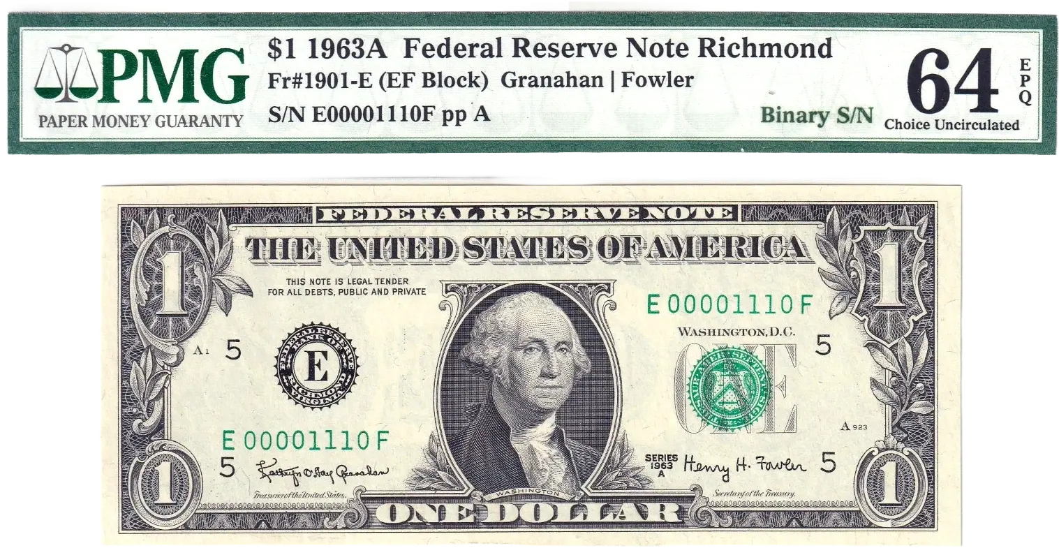 1963-A $1 FRN PMG Choice Unc 64EPQ Fancy TRUE 0/1 BINARY Serial #E00001110F Coin Hub