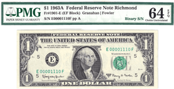 1963-A $1 FRN PMG Choice Unc 64EPQ Fancy TRUE 0/1 BINARY Serial #E00001110F
