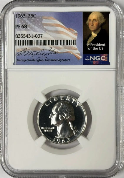 1963 Washington Quarter NGC PF68 90% Silver Proof – New Signature Label, Stunning Quality Heritage Pastime