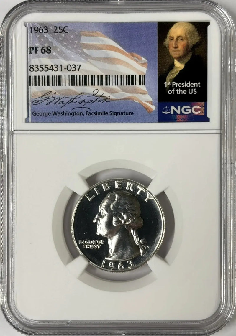 1963 Washington Quarter NGC PF68 90% Silver Proof – New Signature Label, Stunning Quality Heritage Pastime