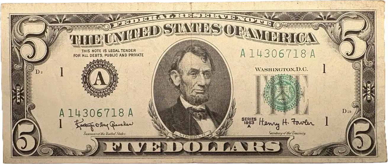 1963A $5 note. ERROR! Printing on reverse! RARE! Coin Hub