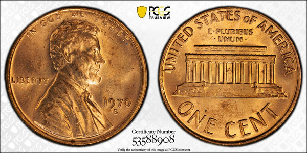 1970-S Lincoln Memorial Cent (Large Date) – PCGS MS63RD | San Francisco Mint | Brilliant Red Copper Coin Heritage Pastime