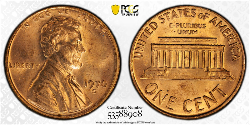 1970-S Lincoln Memorial Cent (Large Date) – PCGS MS63RD | San Francisco Mint | Brilliant Red Copper Coin Heritage Pastime