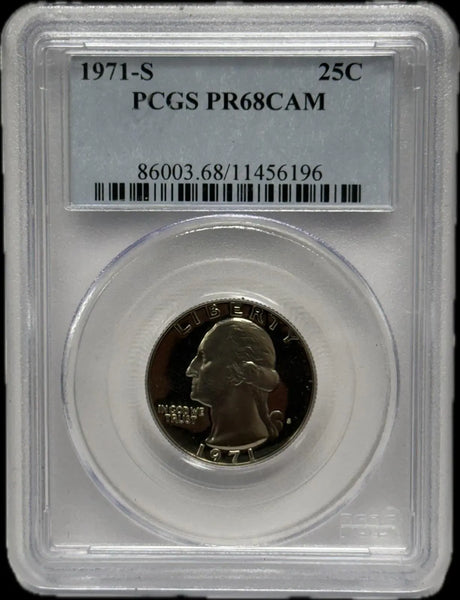 1971-S Washington Quarter 25¢ PCGS PR68 Cameo – San Francisco Mint Proof Silver Coin Heritage Pastime