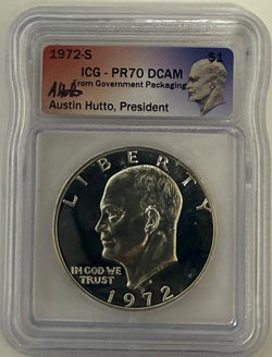 1972-S آيزنهاور دولار فضي بروف - ICG PR70 DCAM | 40% فضة | توقيع أوستن هوتو