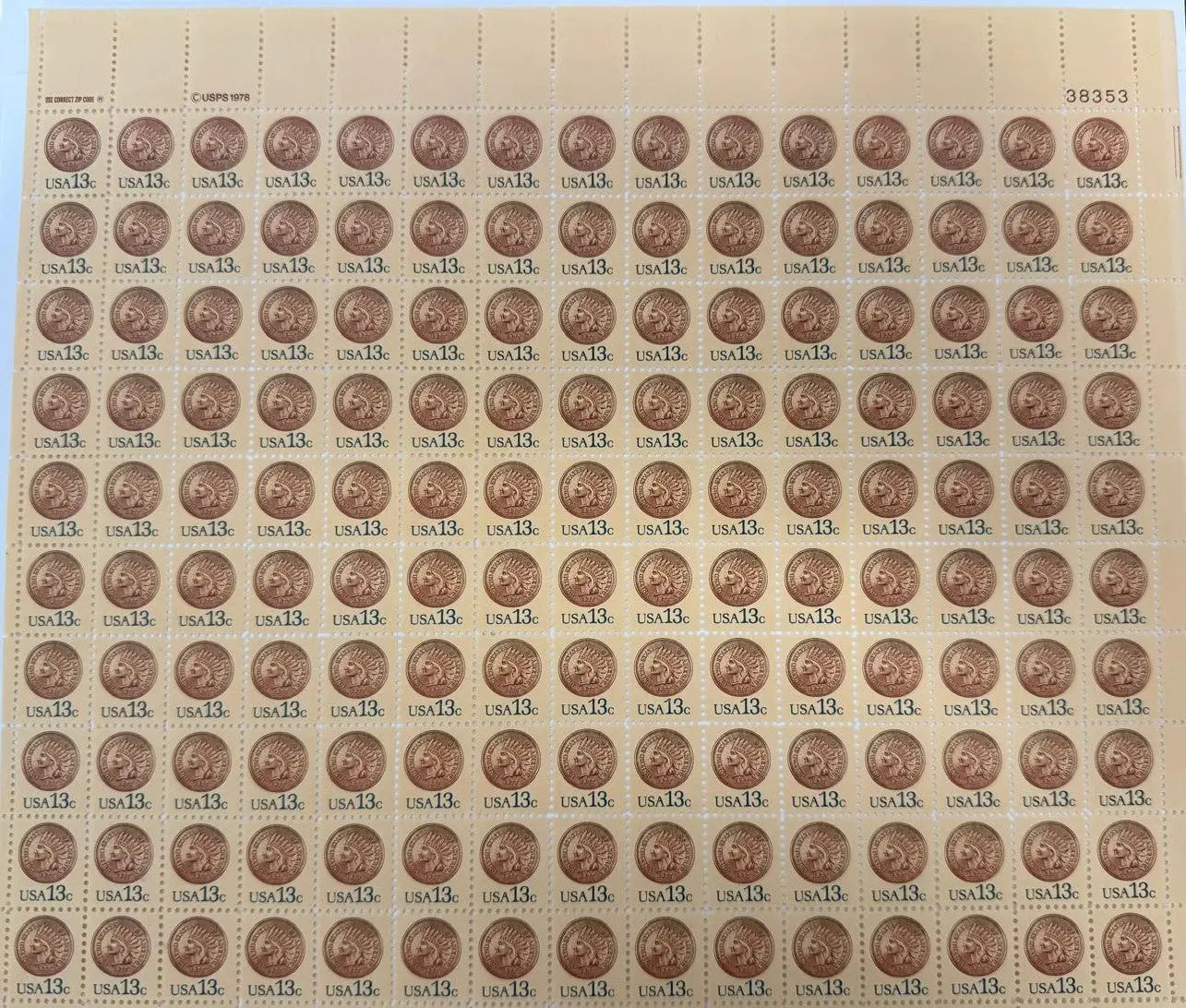 1978 USPS 13¢ Indian Head Penny Stamp Sheet – Scott #1734 | Mint NH | Full Sheet of 150 Heritage Pastime