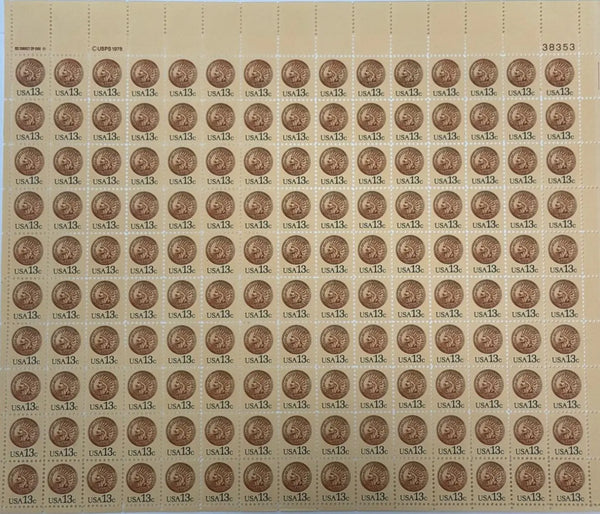 1978 USPS 13¢ Indian Head Penny Stamp Sheet – Scott #1734 | Mint NH | Full Sheet of 150 Heritage Pastime
