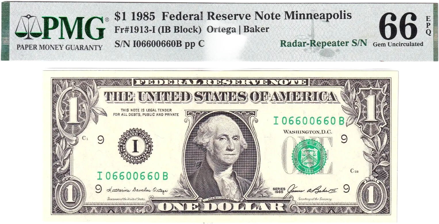 1985 $1 FRN PMG 66EPQ Fancy 0/6 BINARY RADAR REPEATER Serial #I06600660B Coin Hub