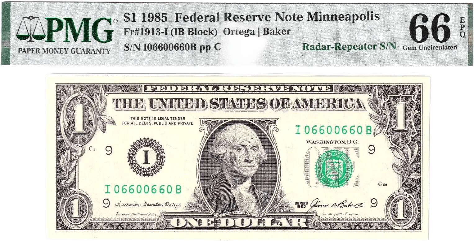 1985 $1 FRN PMG 66EPQ Fancy 0/6 BINARY RADAR REPEATER Serial #I06600660B Heritage Pastime
