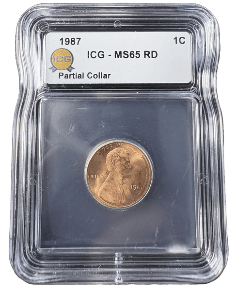 1987 Lincoln Cent Partial Collar Error ICG MS65 RD obverse with Lincoln profile