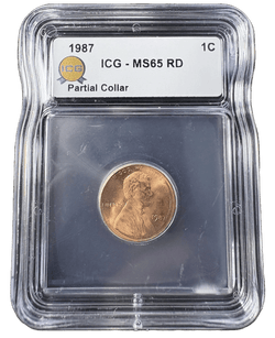 1987 Lincoln Cent Mint Error Partial Collar ICG MS65 RD 1C
