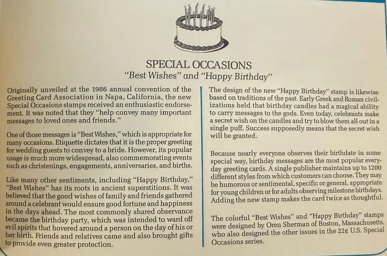 1987 "Special Occasions" First Day Cover (FDC) – 22¢ "Best Wishes" & "Happy Birthday" U.S. Stamps Heritage Pastime