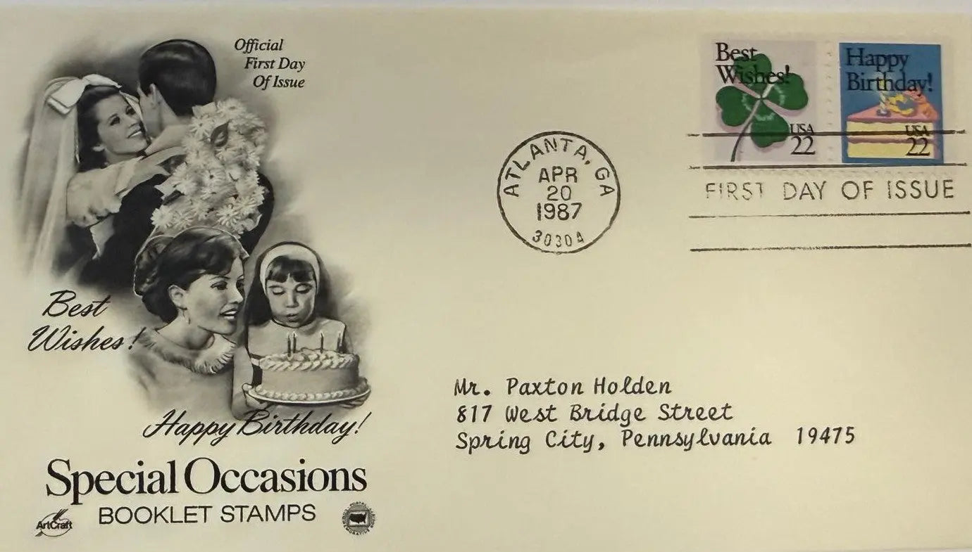 1987 "Special Occasions" First Day Cover (FDC) – 22¢ "Best Wishes" & "Happy Birthday" U.S. Stamps Heritage Pastime