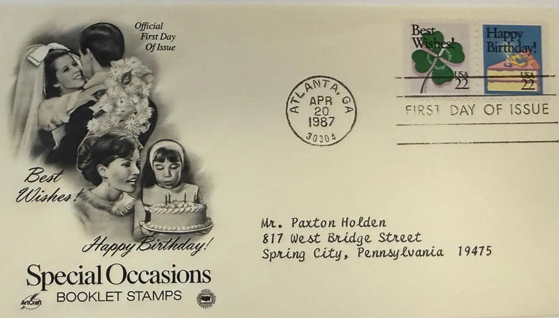 1987 "Special Occasions" First Day Cover (FDC) – 22¢ "Best Wishes" & "Happy Birthday" U.S. Stamps Heritage Pastime