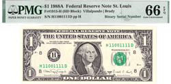 1988-A $1 FRN PMG 66EPQ Fancy NEAR SOLID 6 DIGIT 0/1 BINARY Serial #H11001111D