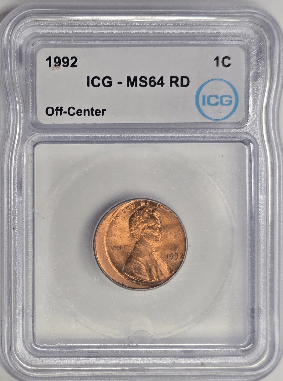 1992 Off-Center Lincoln Cent Error Coin ICG MS64 Red reverse profile