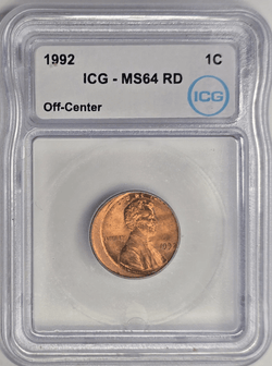 1992 Off Center Lincoln Cent Error Coin ICG MS64 Red