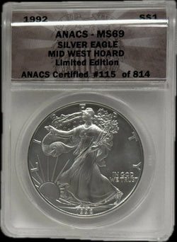 1992 Silver Eagle $1 MS69 ANACS – Mid West Hoard Limited Edition #115 of 814