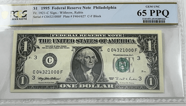 1995 $1 FRN PCGS 65PPQ partial ladder reverse serial C04321000F front