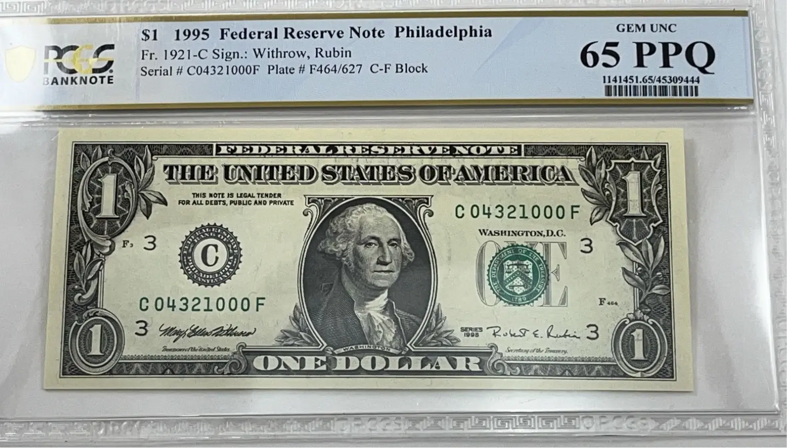 1995 $1 FRN PCGS 65PPQ Fancy PARTIAL LADDER - Reverse Serial #C04321000F Coin Hub