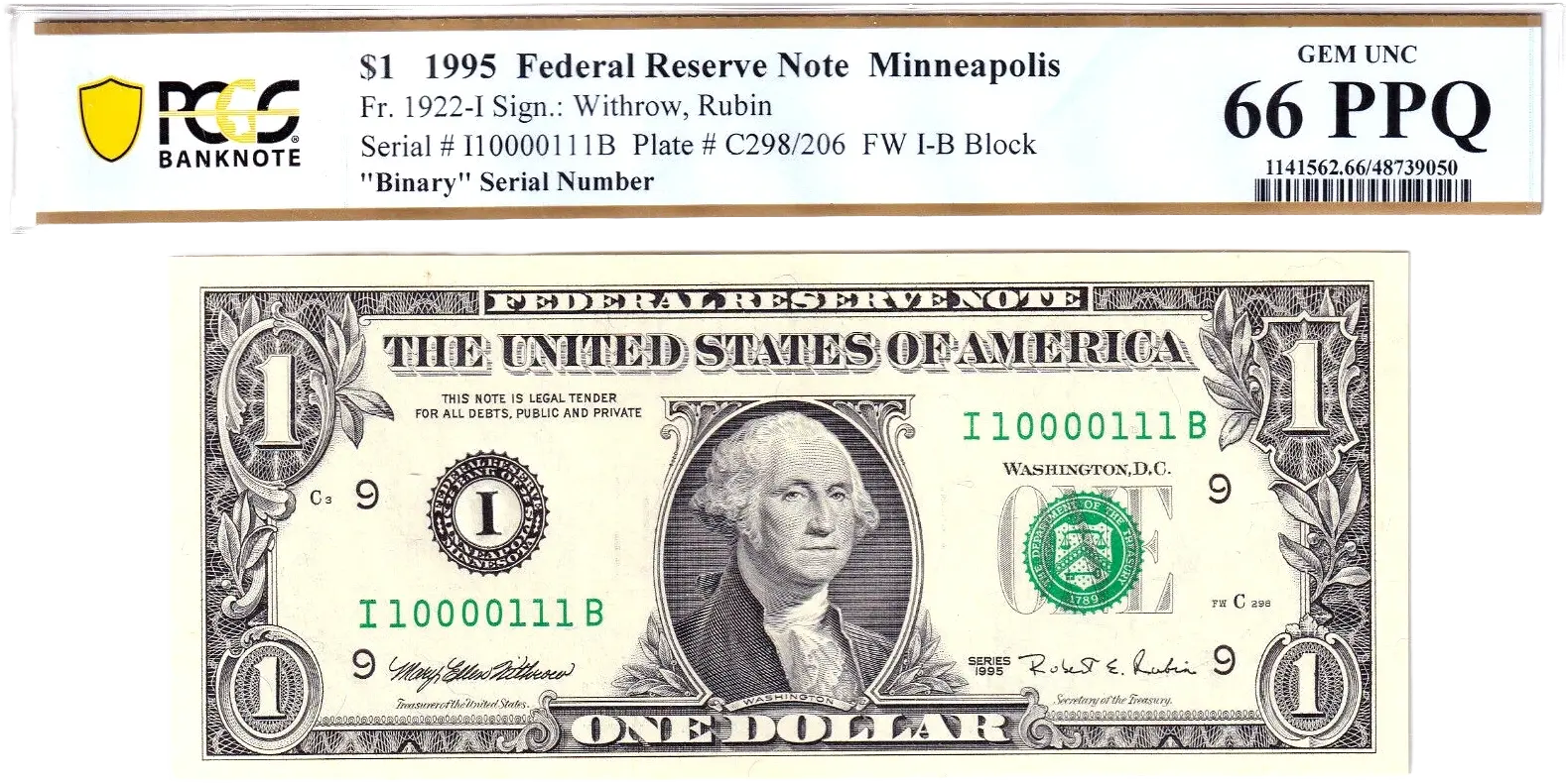 1995 $1 FRN PCGS 66PPQ Fancy TRUE 0/1 BINARY Serial #I10000111B Coin Hub