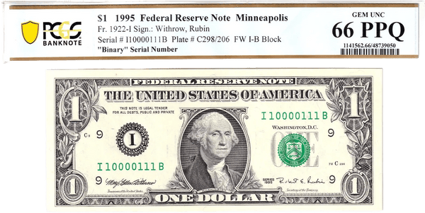 1995 $1 FRN PCGS 66PPQ Fancy TRUE 0/1 BINARY Serial #I10000111B Heritage Pastime