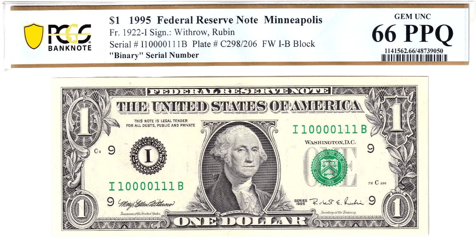 1995 $1 FRN PCGS 66PPQ Fancy TRUE 0/1 BINARY Serial #I10000111B Heritage Pastime