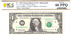 1995 $1 FRN PCGS 66PPQ Fancy TRUE 0/1 BINARY Serial #I10000111B