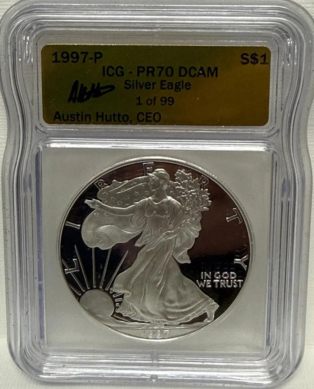 1997-P ICG Silver Eagle PR70 DCAM – One of 99, Signed by Austin Hutto, CEO - Highly Collectible Coin Hub