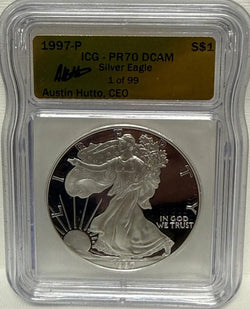 1997-P ICG Silver Eagle PR70 DCAM – One of 99, Signed by Austin Hutto, CEO - Highly Collectible