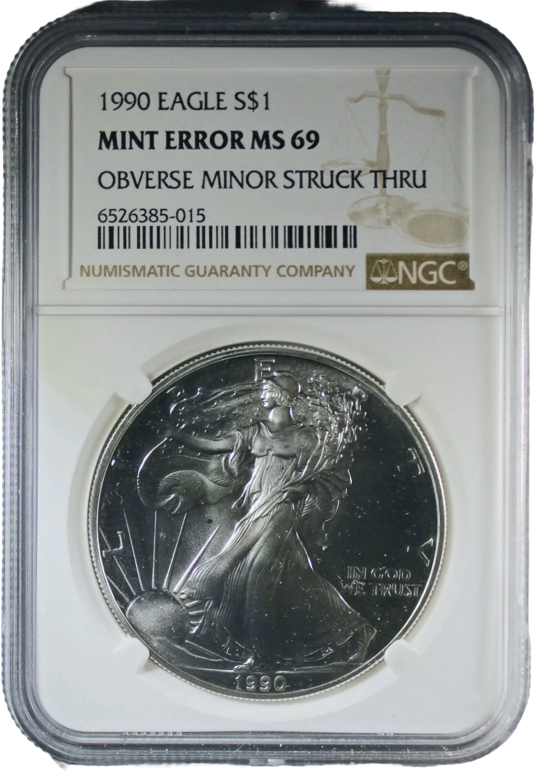 1990 American Silver Eagle - Mint Error Obverse Struck Through - NGC MS-69 (Copy)