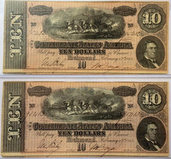 ورقتان نقديتان من الولايات الكونفدرالية الأمريكية بقيمة 10 دولارات يعود تاريخهما إلى عام 1864 - أرقام تسلسلية متتالية | عملة الحرب الأهلية