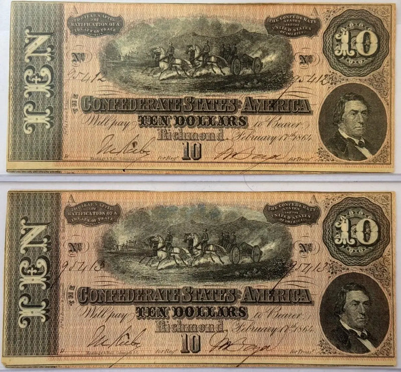 2 1864 Confederate States of America $10 Notes – Consecutive Serial Numbers | Civil War Currency Heritage Pastime