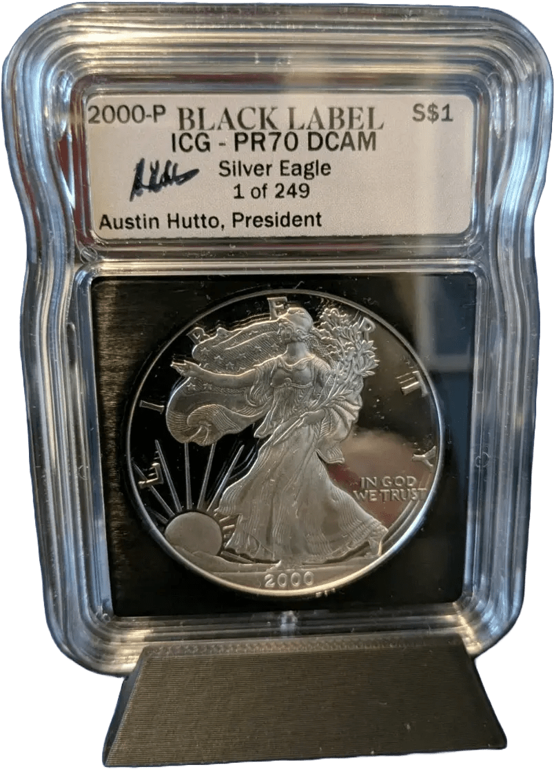 2000 P Silver Eagle Proof – Austin Hutto Signed Black Label Edition - American Coinage Heritage Pastime