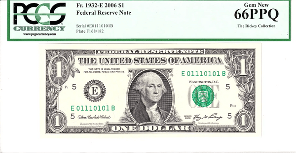 2003-A $1 FRN PCGS Gem New 66PPQ Fancy TRUE 0/1 BINARY Serial #E01110101B Heritage Pastime