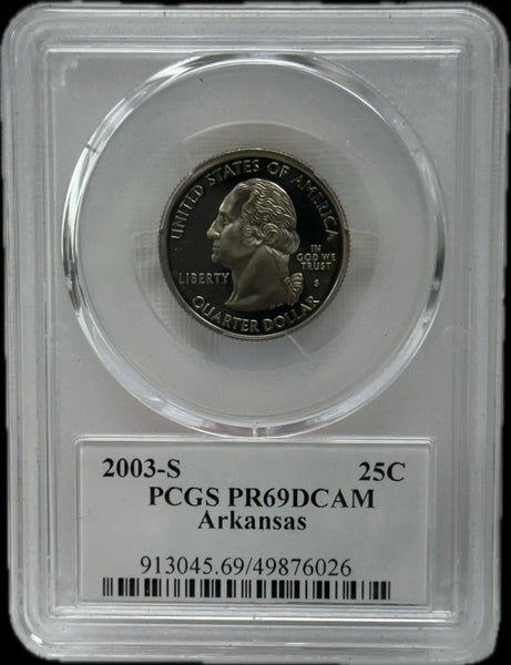2003-S 25C PCGS PR69 DCAM Arkansas – Rare, Near-Perfect Proof Coin Heritage Pastime