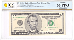 2003A $5 FRN PCGS 65PPQ فاصل كتب فاخر جزئي معكوس على شكل سلم، الرقم التسلسلي #FJ00432100B