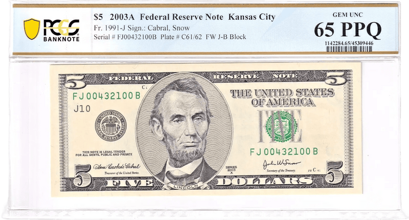 2003A $5 FRN PCGS 65PPQ Fancy PARTIAL REVERSE LADDER BOOKEND Serial #FJ00432100B Heritage Pastime