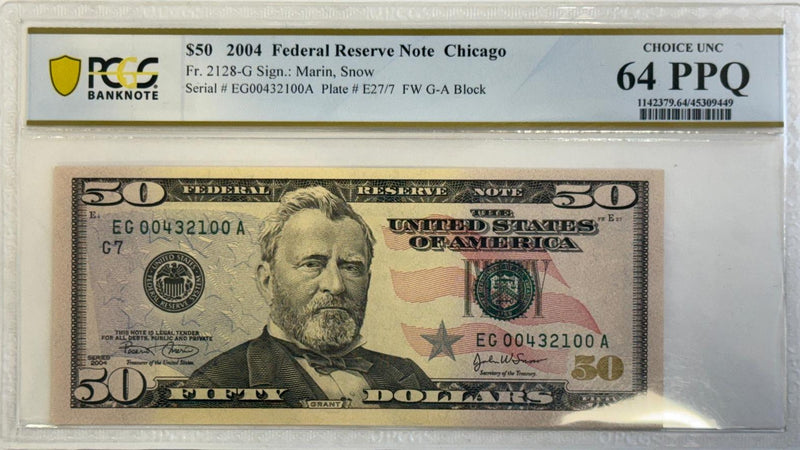 2004 $50 FRN PCGS 64PPQ Fancy Serial EG00432100A Ulysses S Grant portrait front