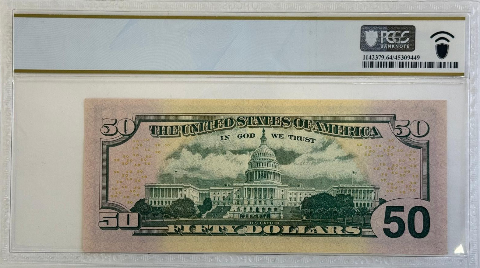 2004 $50 FRN PCGS 64PPQ Partial Reverse Ladder Bookend reverse side with Capitol view