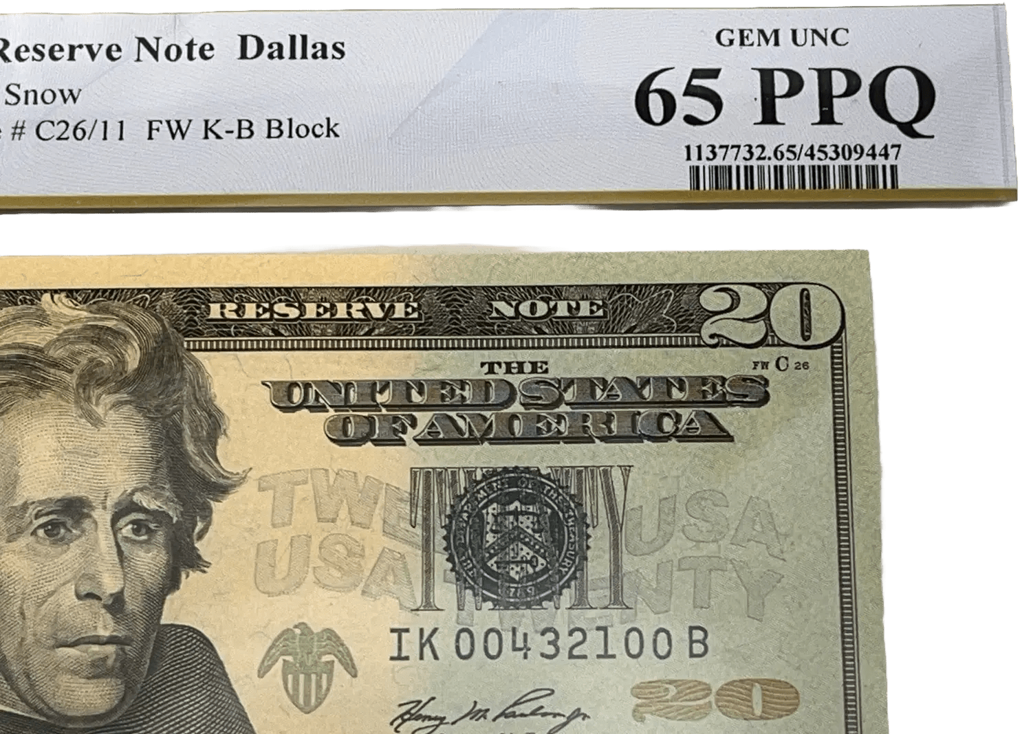 2006 $20 bill front close-up showing Andrew Jackson and serial IK00432100B