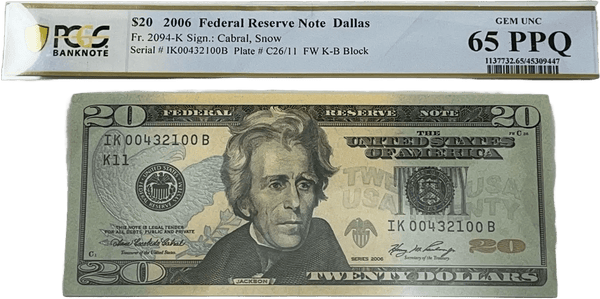 2006 Dallas $20 Federal Reserve Note with partial ladder bookend serial graded 65 PPQ