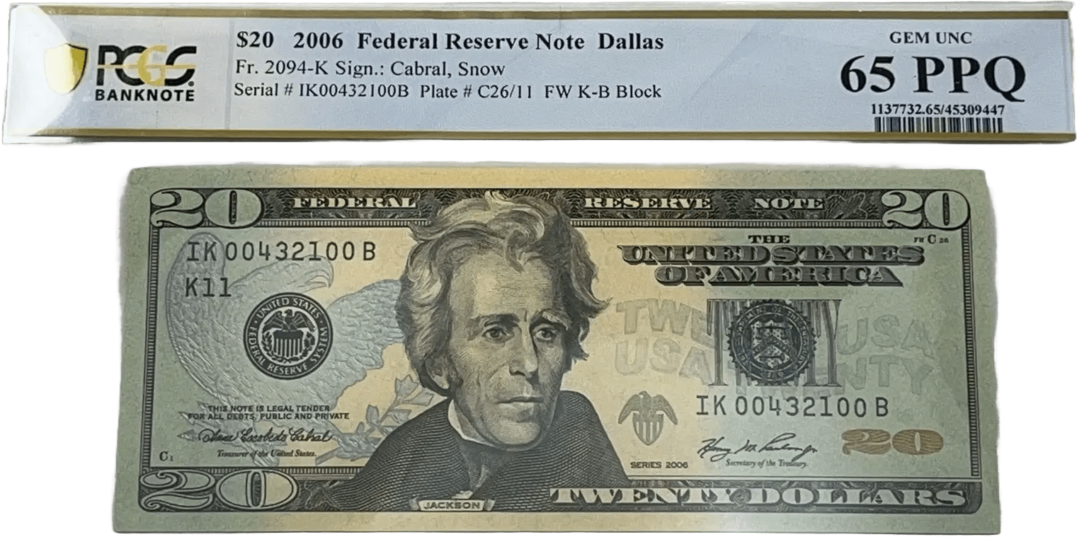 2006 Dallas $20 Federal Reserve Note with partial ladder bookend serial graded 65 PPQ