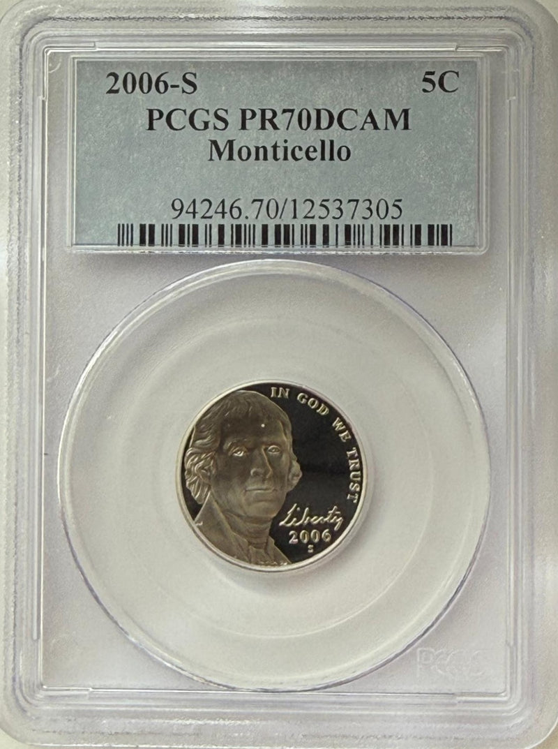 2006-S Jefferson Nickel PCGS PR70DCAM – Monticello Proof Perfect Grade