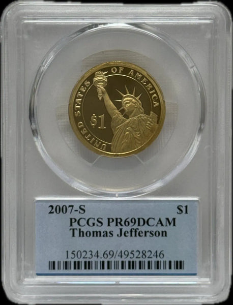2007-S Thomas Jefferson $1 PCGS PR69 DCAM – Pristine Deep Cameo Proof Heritage Pastime