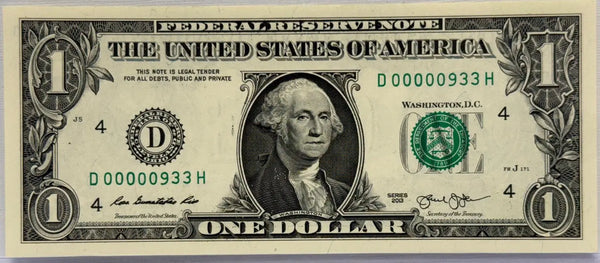 2013 $1 Dollar Bill 3 DIGIT LOW SERIAL NUMBER 933 FANCY D 00000933 H Heritage Pastime