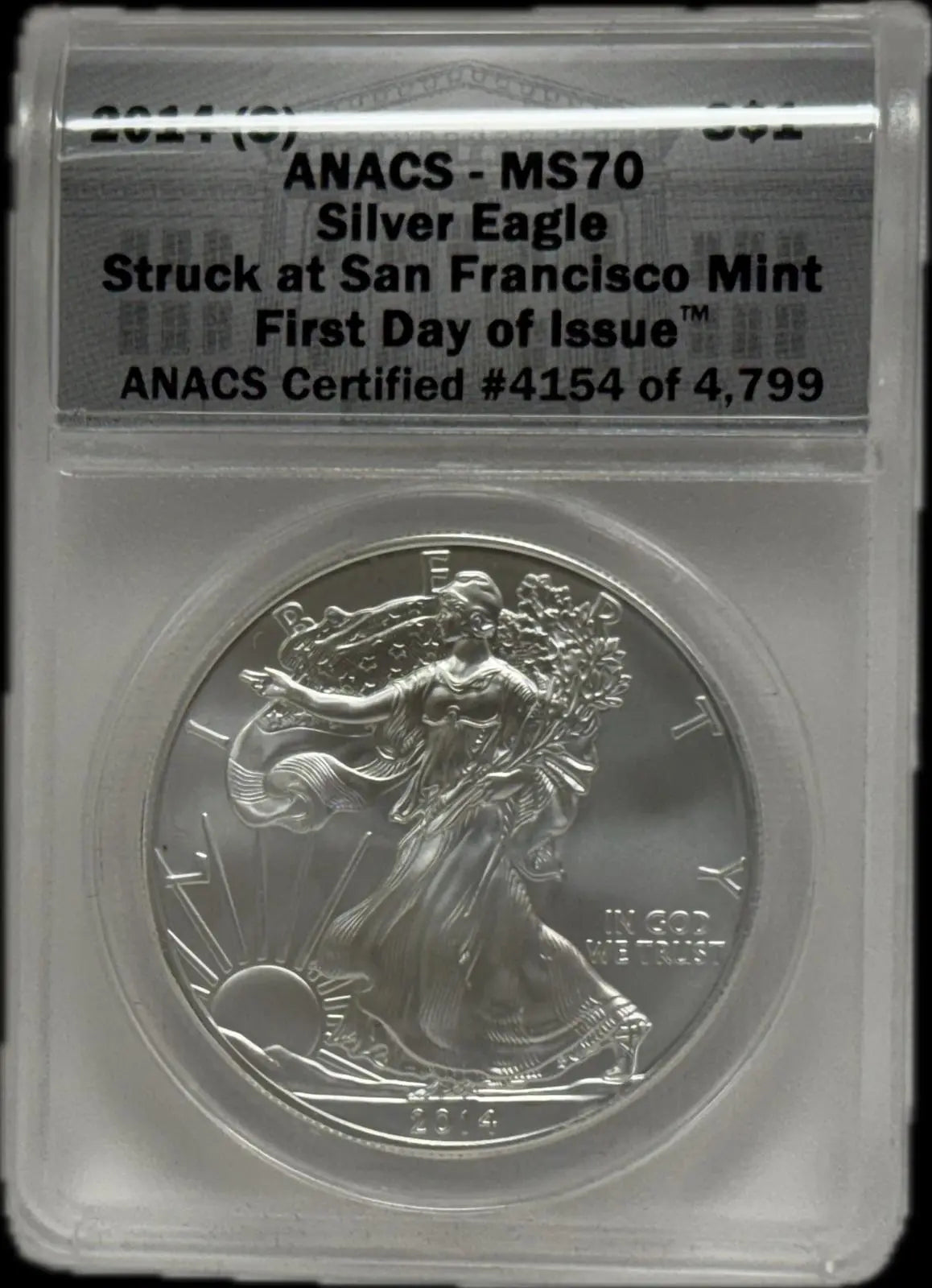 2014-S Silver Eagle $1 MS70 First Day of Issue – Perfect, #4,154 of 4,799 Limited Edition Coin Coin Hub