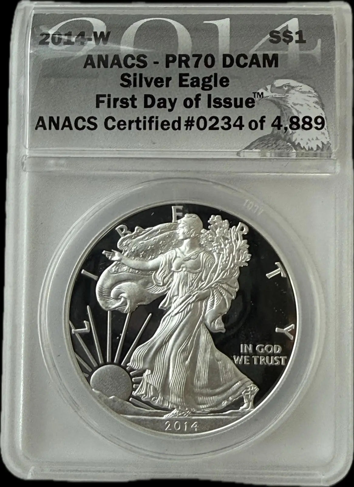 2014-W American Silver Eagle $1 – First Day of Issue – PR70 Deep Cameo – ANACS (#0234 of 4,889) Heritage Pastime